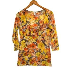 Daisy & Clover Floral Mesh Tunic Top L Y2K Empire Waist 90s‎ Babydoll Lined